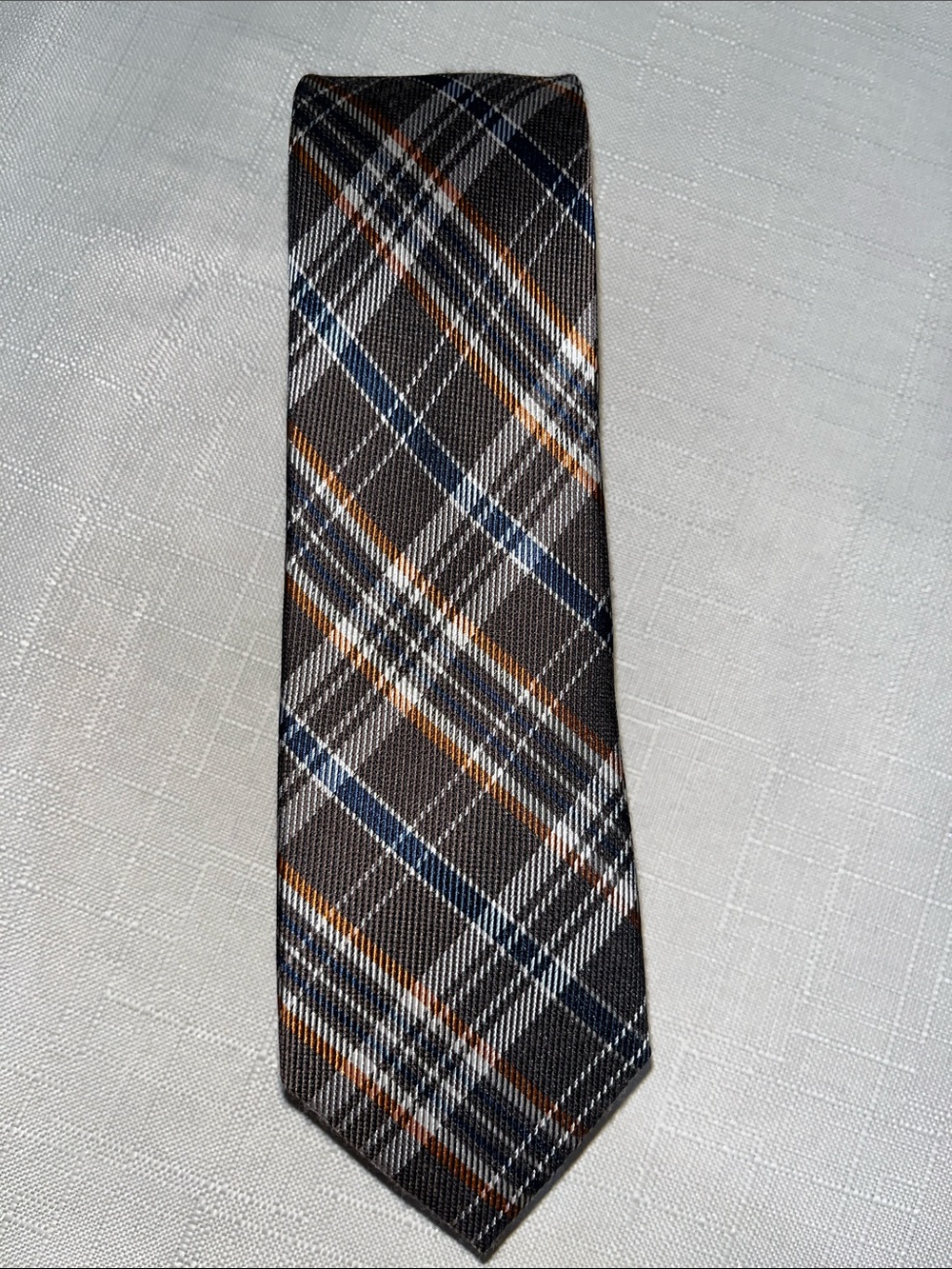The Tie Bar Plaid Brown Men's Tie Navy & Orange Accents, silk wool blend